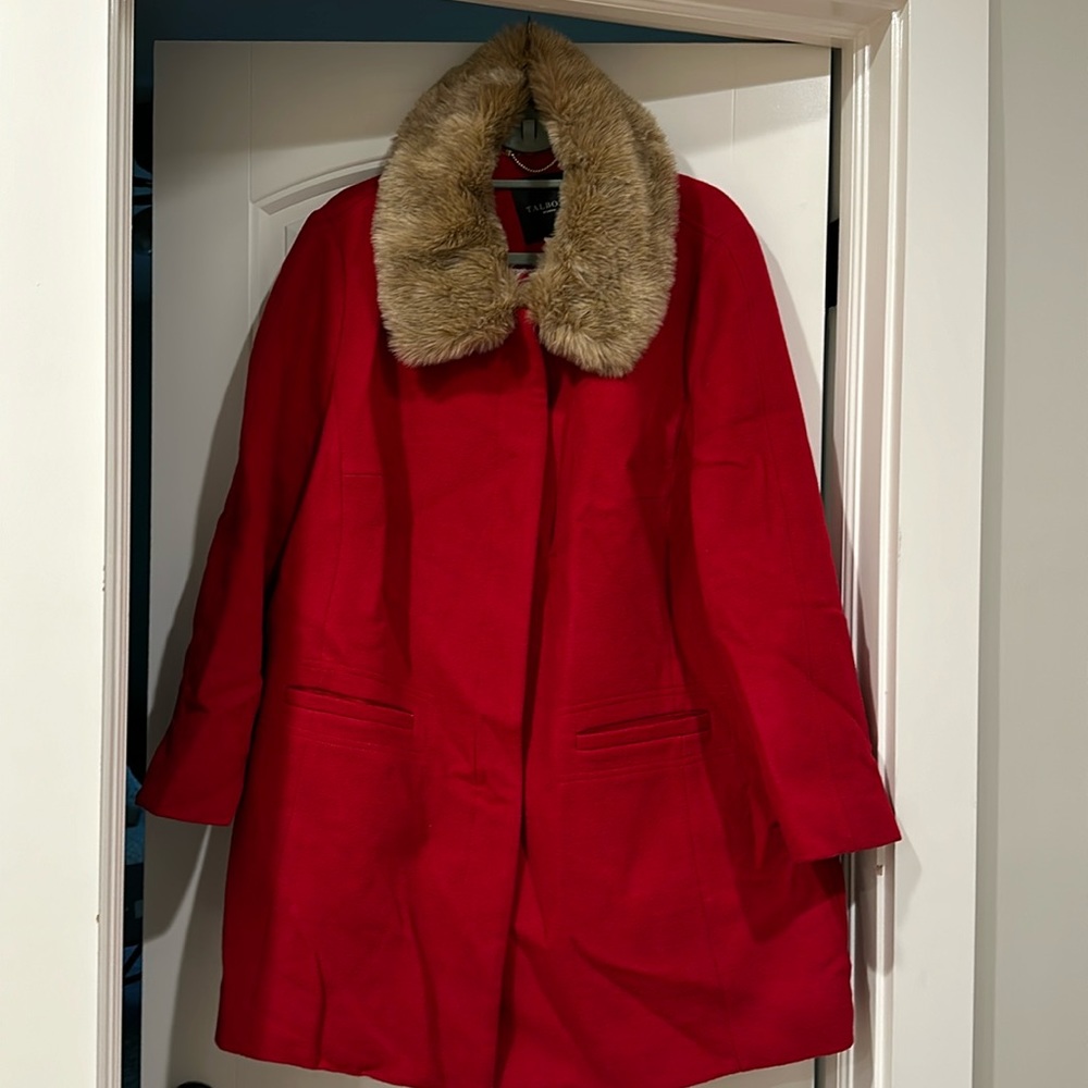Like New Red Wool Talbots Coat with removable faux fur collar. Worn once!